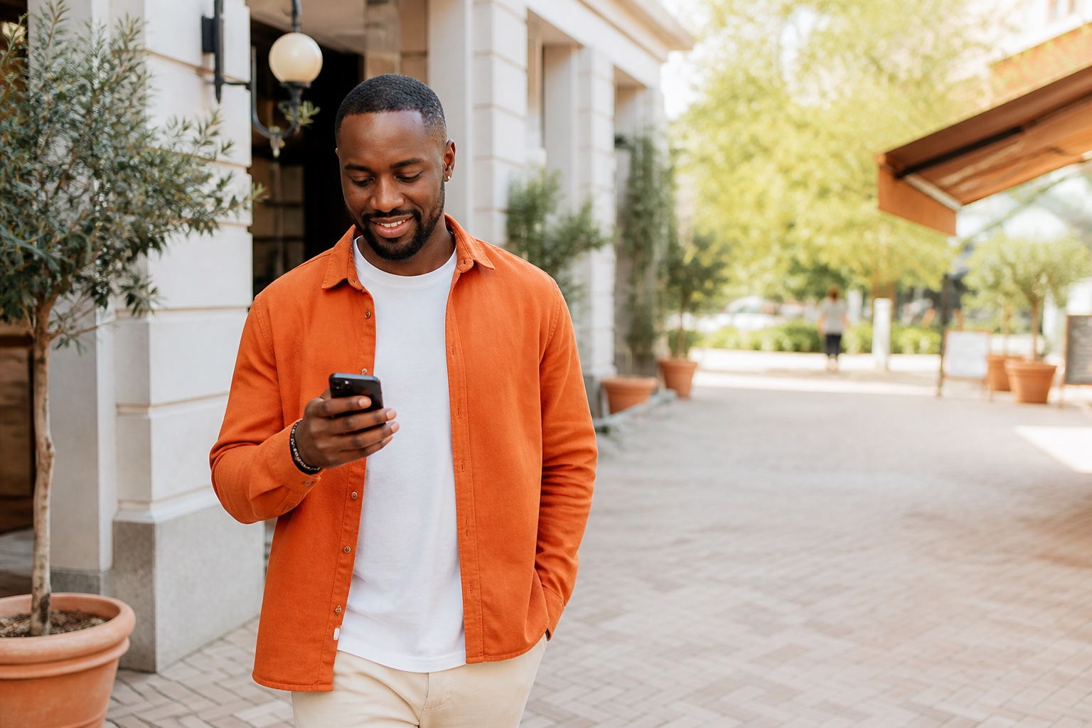 A smiling PardnerPlus member seeing positive progress on his phone