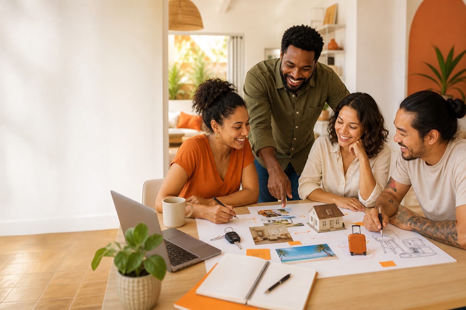 A fictional diverse group joyfully planning car, education, home, travel and business goals together