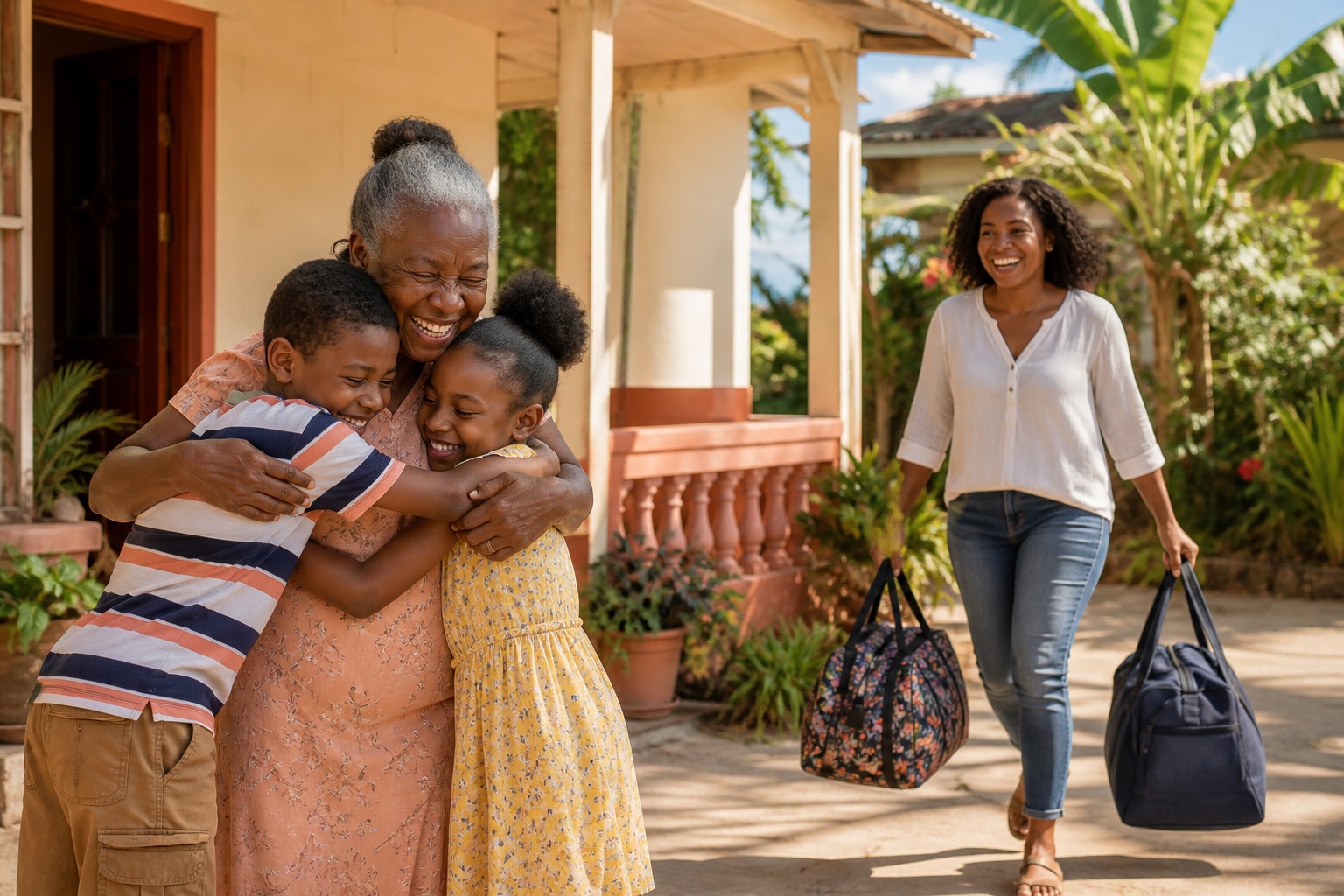 A fictional Caribbean grandmother joyfully embraces two grandchildren as their mother arrives home