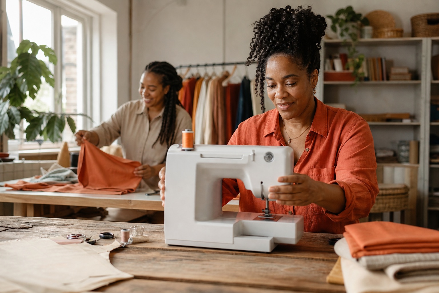 A Black British entrepreneur preparing a sewing machine in her workshop