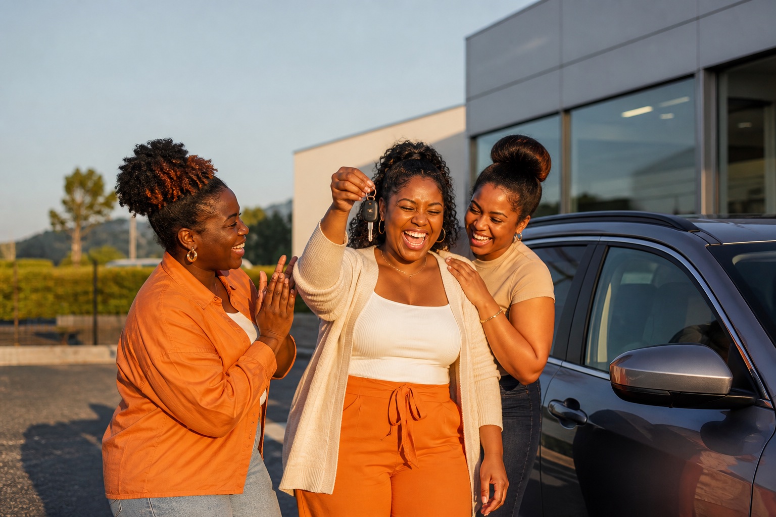 Tres amigas ficticias celebran la entrega de las llaves de un coche asequible después de alcanzar su meta