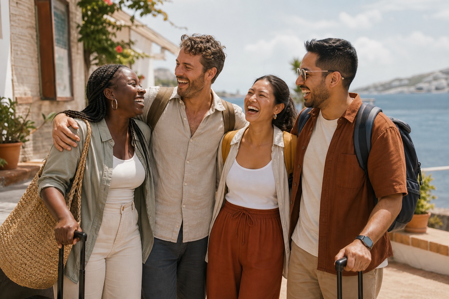 Cuatro amigos ficticios de distintos orígenes ríen al comenzar unas vacaciones costeras asequibles
